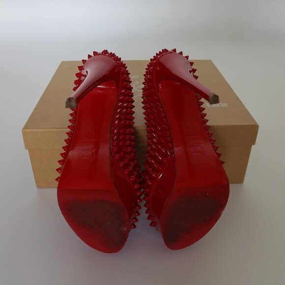 Christian Louboutin Lady Peep Spikes Red Patent Leather 150MM - Picture 4 of 4